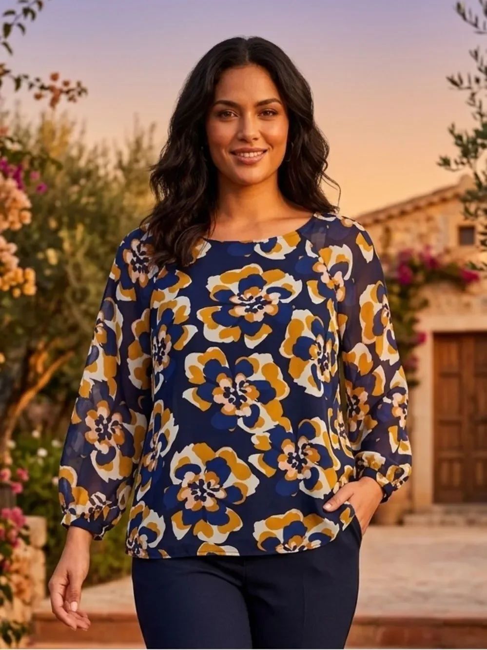 Take 50% OFF-Navy Floral Balloon Sleeve Blouse - Bold Yellow & White Blooms,Sz-S
